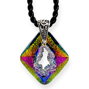 Rainbow Crystal Geode Necklace | Black Braided Cord